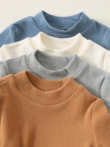 SHEIN 4件套新生儿男女通用休闲针织弹力条纹长袖连体衣，婴儿冬季服装摩卡色婴儿服装中性婴儿服装男女通用男婴上衣连体衣 - 彩色 - 查看 4