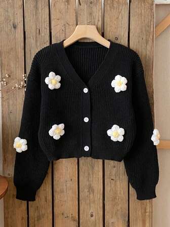 SHEIN Toddler Girls 3D Black Floral Knit Cardigan,Cute Autumn School Back-To-School Button Sweater Jacket,Versatile Kids Fashion Flowers Spring Outfits