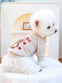 PETSIN 1 件宠物服装，可爱刺绣心形泰迪熊圆领套头衫，猫狗秋冬季保暖打底外套 - 淺咖 - 查看 4