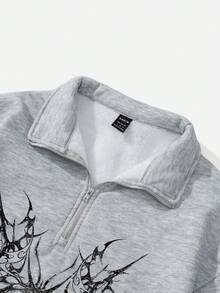 Attitoon Casual Street Punk Y2K Style Grey & Black Wing Pattern Print Loose Fit Half Zip High Neck Fleece Sweatshirt, Comfortable For Autumn/Winter Graphic - Grey - View 6