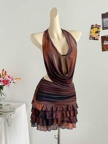 Soleia Women's Sexy Tie-Dye Print Halter Backless Knotted Ruffled Hem Mini Dress, Summer - Multicolor - View 4