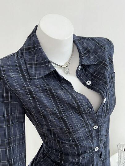Elamini 1pc Navy Blue Vintage Plaid Ruched Waist Embroidered Logo Pocket A-Line Long Sleeve Casual Shirt For Women, Suitable For Daily Wear & Campus