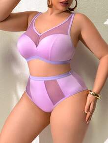 SHEIN Bộ 2 áo ngực và quần lót không dây cỡ lớn mềm mại tối giản mặc hàng ngày, màu hoa oải hương - Màu tím - Xem 3