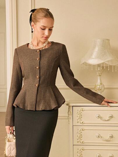 Aveloria Rosie Herringbone Round Neck Long Sleeve Commuter Chic Blazer