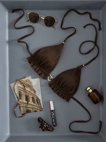 Swim Mod 纯色纹理荷叶边系带优雅可拆卸三角比基尼上衣，简约风格，适合海滩度假，春夏穿着 - 棕色 - 查看 7