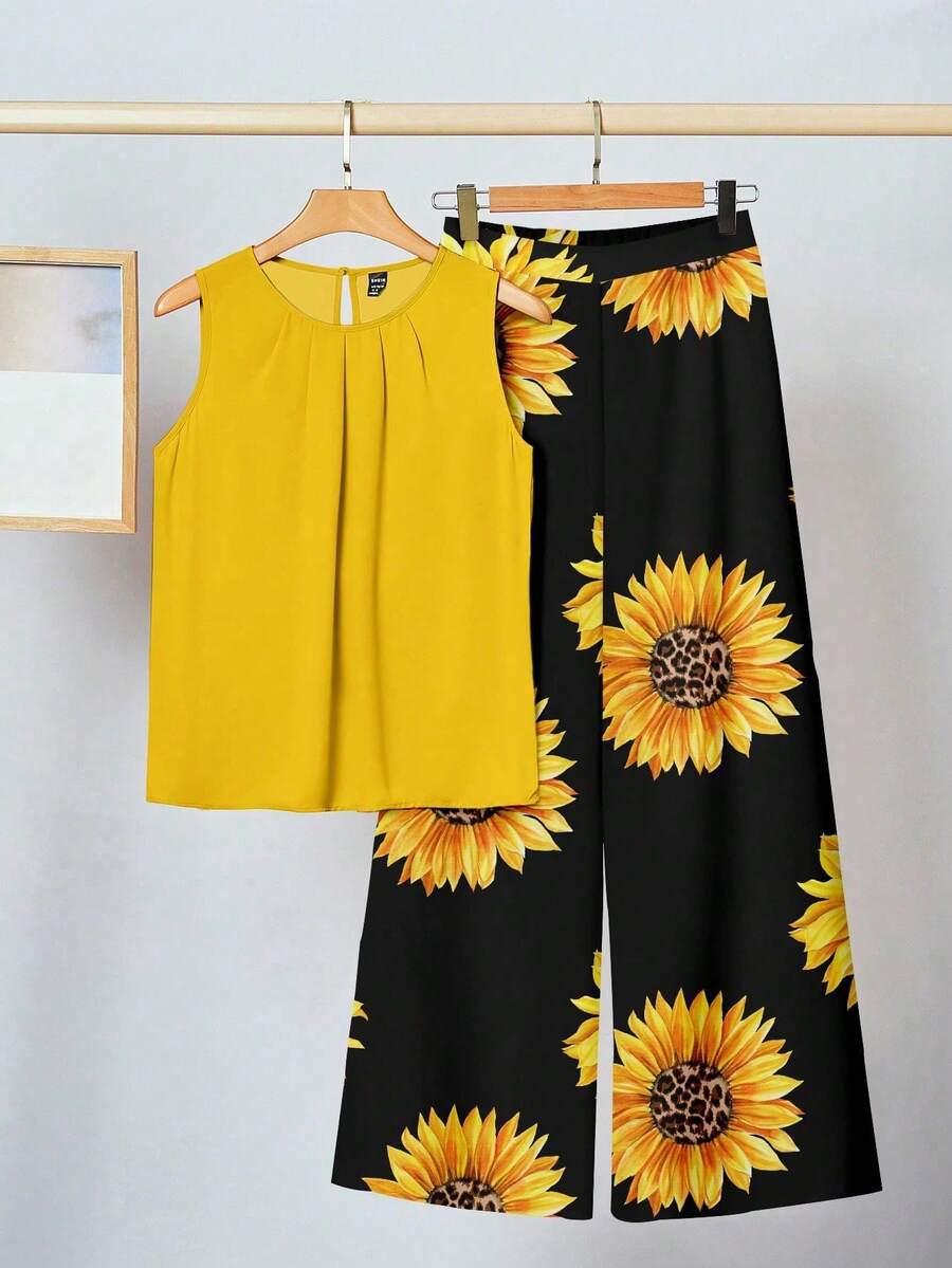 SHEIN Clasi 2件套休闲花卉印花女式夏季服装，向日葵图案 - 彩色 - 查看 1