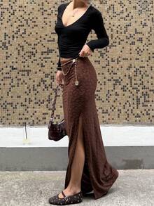 SHEIN Unity 棕色针织提花低腰直筒开衩侧裙，女款，秋冬，时尚简约，通勤、办公、旅行、度假百搭，外出约会穿着舒适 - 棕色 - 查看 6