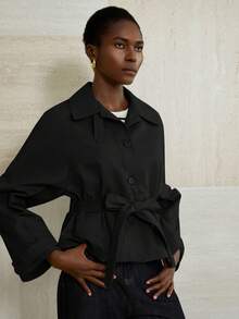 Aveloria Modichic 女式经典大翻领设计腰带可调节腰线简约风衣 - 黑色 - 查看 3