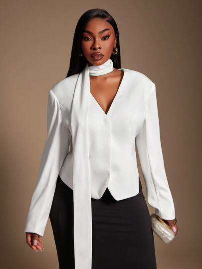 SHEIN SXY 大码女装秋冬新款无领宽肩收腰性感垂坠翻领白色西装外套