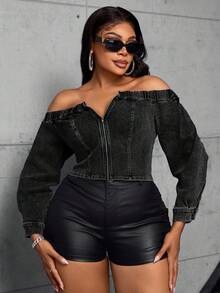 SHEIN SXY Plus Size Solid Color Off Shoulder Zipper Fitted Long Sleeve Denim Top - Black - View 3