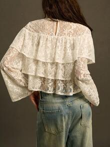 SoleilVie 女士秋冬多层蕾丝荷叶边衬衫、斗篷衬衫、仙女芯 - 白色 - 查看 3