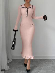 Elenzga Collared Color Block Trim Fitted Elegant Long Sleeve Sweater Dress - Pink - View 4