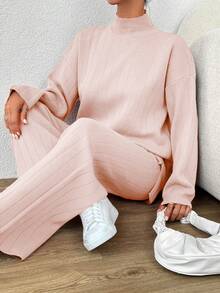 Cloudara 2 Piezas Conjunto De Suéter Y Pantalones Con Cuello Alto De Color Liso - Rosa - Ver 3