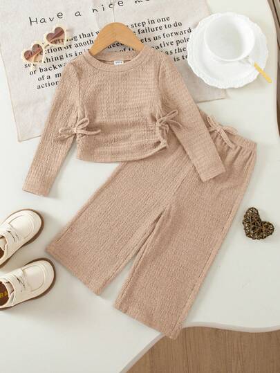 Baby Girls Casual Versatile Solid Color Knit Long Sleeve T-Shirt Set