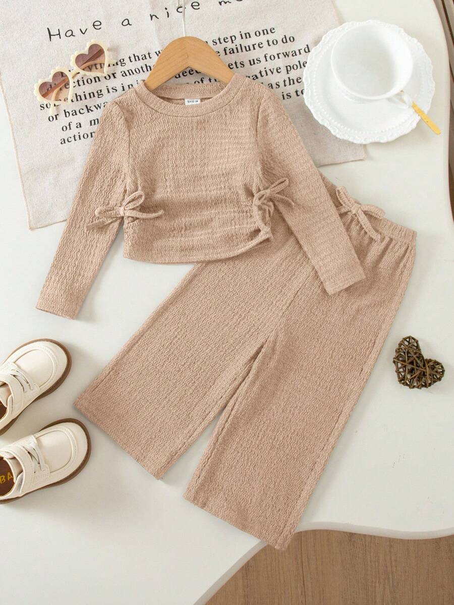 Conjunto de camiseta de manga larga de punto de unicolor versátil y casual para niñas bebé - Caqui - Ver 1