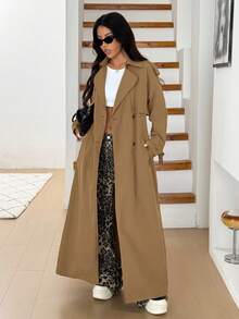 SHEIN EZwear Women's Casual Stylish Minimalist Deep Camel Double-Breasted Belted Long Trench Coat, Autumn Suit Dress Khaki Dress Women Tan Dress Women Coffee Brown Dress,Fall,Fall Clothes For Women - Camel - View 4