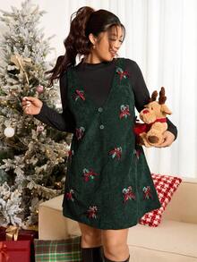 Lounesse 2pcs/Set Plus Size Women's Christmas Sequin Bow Decor Long Sleeve T-Shirt Dress - Dark Green - View 4