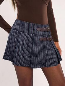 SHEIN BAE Women's Fashion Houndstooth Pleated Skirt - Black - View 4