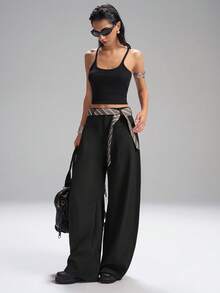 SHEIN EZwear 秋冬大码时尚通勤纯色弧形腿西装裤女宽松裤子 - 黑色 - 查看 7