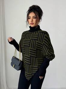 Elenzga Women's Elegant High Neck Geometric Textured Poncho Sweater, Colorblock, Suitable For Home & Travel, Spring/Autumn - Army Green - View 3