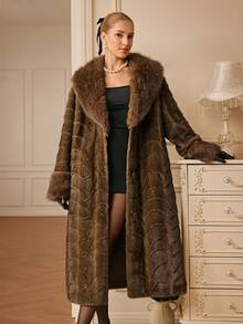 Aveloria Rosie Brown Wavy Textured Elegant Belted Long Fluffy Coat, Fashionable Lapel Slim Fit Overcoat, Autumn/Winter - Brown - View 6