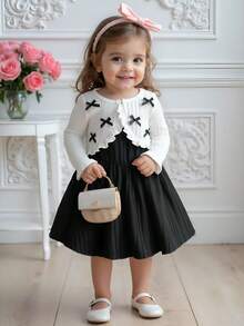 SHEIN 1 Set Girls Elegant White Bow Cardigan + Black Suspender Skirt Outfit, Long Sleeve 2 Pieces Set, Autumn/Winter