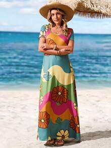 Sylviya Vestido largo casual de mujer con cuello cuadrado y manga corta, vestido bohemio de verano adecuado para salir, elegante y apropiado para vacaciones - Multicolor - Ver 3