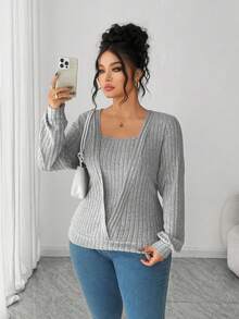 Elenzga Camiseta Plus Size Casual Minimalista com Gola Redonda e Manga Longa - Cinza claro - Ver 1
