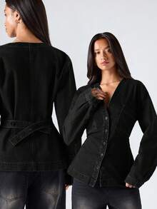 LYSMO Women's Fashion Front Button Waist Denim Blouse - Black - View 7