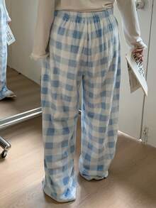 Dazy Plus 格子图案弹力腰宽松直筒保暖内衬蓬松舒适睡裤，大码女款，秋冬款 - 淺藍色 - 查看 2