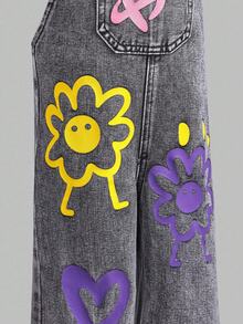 SHEIN ChillGRL 女童新款花卉、心形、彩虹涂鸦时尚休闲舒适柔软牛仔连体裤 - 灰色 - 查看 8
