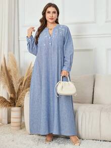 Modelyn Vestido casual de otoño con cuello con muesca bordado para tallas grandes - Azul - Ver 5