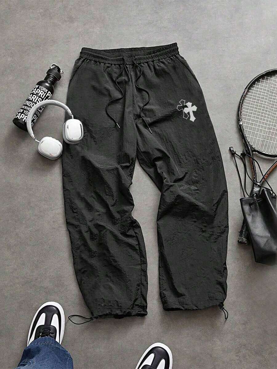 Sport MetroGents 男士休闲交叉印花抽绳腰运动裤，男士运动裤，宽松健身服，运动裤，轻便运动裤 - 黑色 - 查看 1