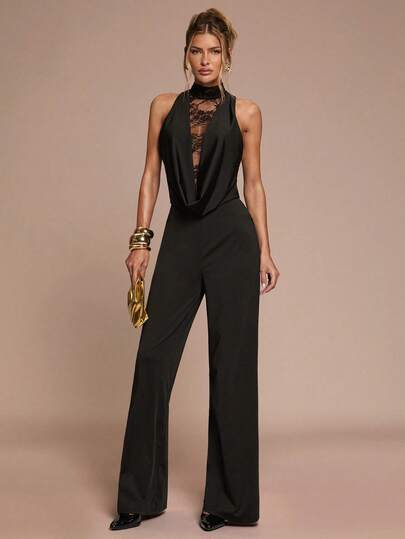 SHEIN BAE Ärmlös jumpsuit i enfärgad spets med lapptäcke för kvinnor