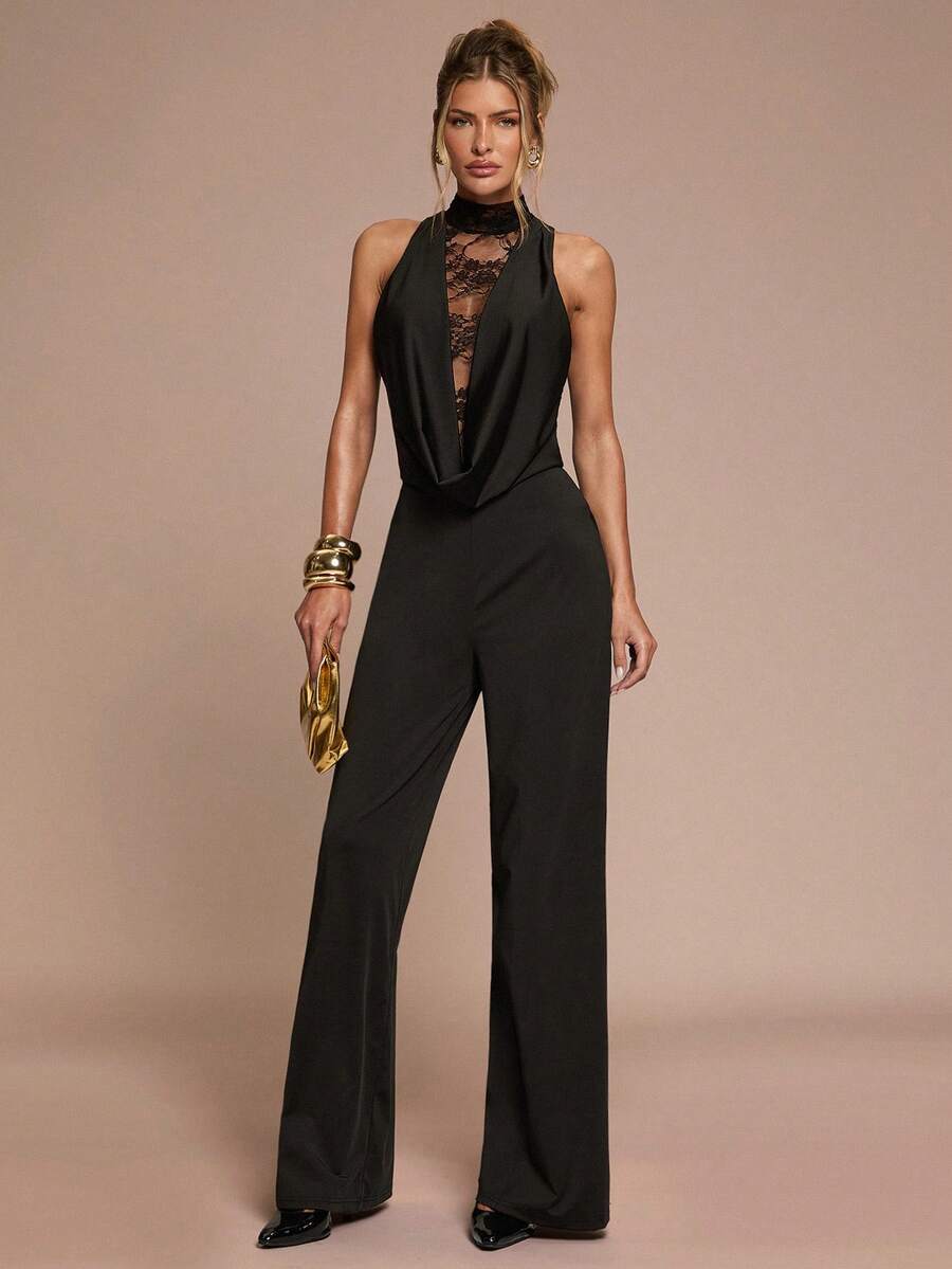 SHEIN BAE 女式纯色蕾丝拼布无袖连体裤 - 黑色 - 查看 1