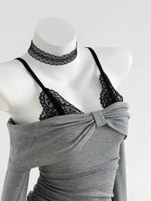 Elamini 1 Áo thun nữ thường ngày phối ren đen xám viền bất đối xứng, thích hợp cho mùa xuân, thu và đông - Nhiều màu - Xem 1