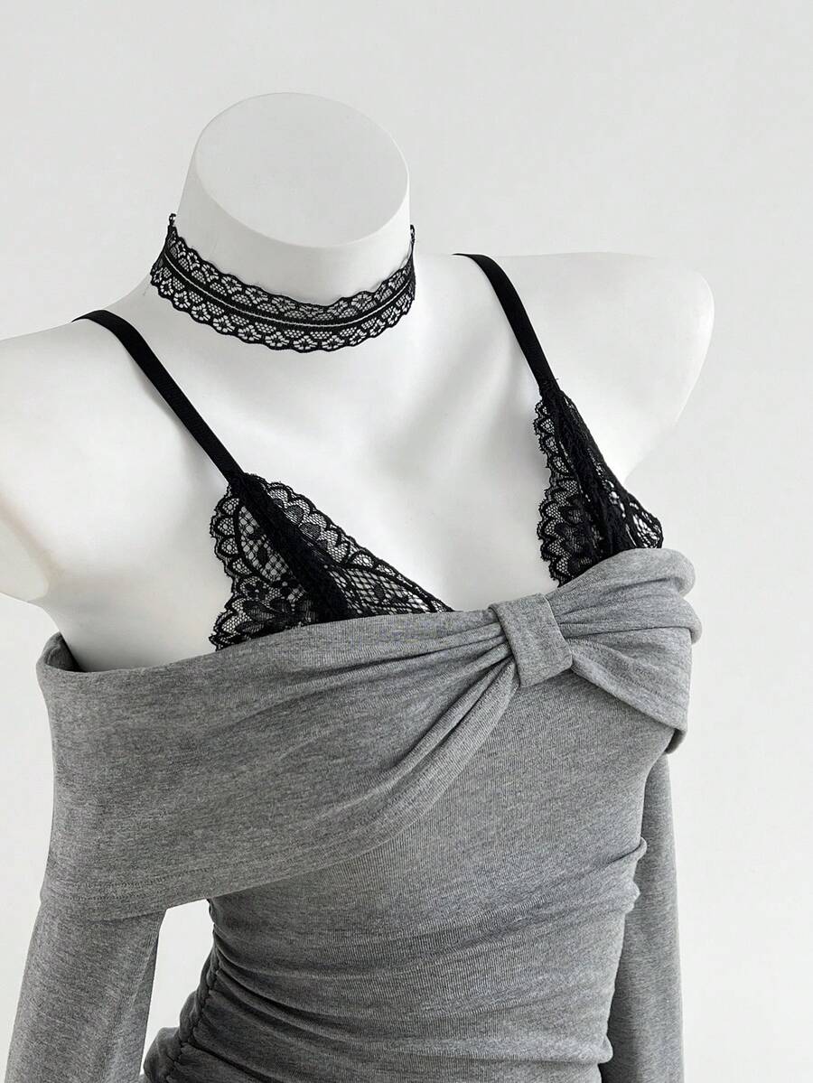 Elamini 1 Áo thun nữ thường ngày phối ren đen xám viền bất đối xứng, thích hợp cho mùa xuân, thu và đông - Nhiều màu - Xem 1