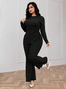 Modelyn Plus Size Women's Spring/Autumn Casual/Work Solid Color Long Sleeve Drawstring Ruched Asymmetrical Hem Fitted T-Shirt And Flare Leg Pants 2-Piece Set - Black - View 3
