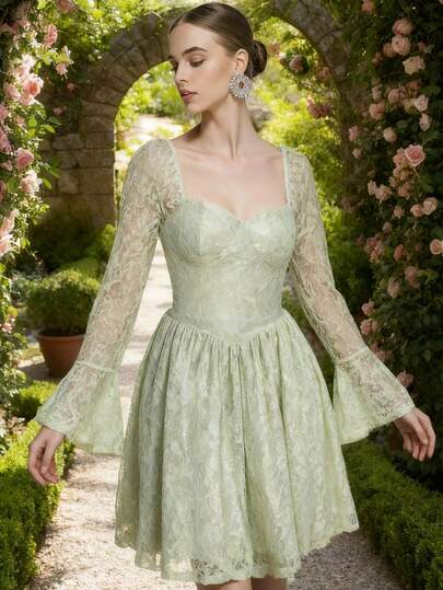 Lucivie 女式花朵蕾丝甜心领喇叭袖荷叶边下摆优雅连衣裙