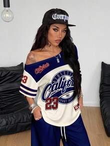 Coolane 2pcs/Set Vintage Sporty Letter & Number 23 Colorblock Print Cropped Shoulder Tee And Sweatpants, Suitable For Autumn/Winter, Versatile Vintage, Sexy, Cute Y2K, Coconut Girl, Boho, Hippie Style, Music Festival - Multicolor - View 5