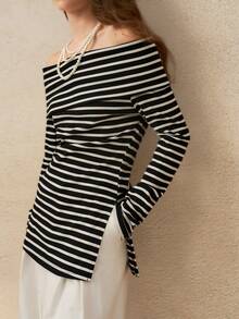Cévolie 女士休闲条纹露肩开叉长袖T恤，适合秋季 - 黑與白 - 查看 1