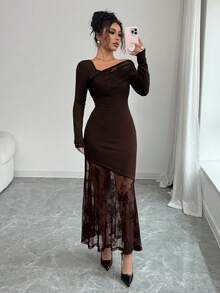 Modelyn Women's Elegant Lace Patchwork Midi Dress - Coffee Brown - View 6