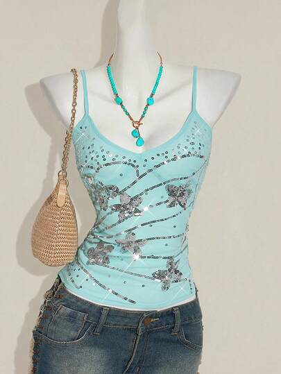 SHEIN ICON Y2K Floral Beaded Embroidery Asymmetrical Hem Women Blue Beaded Embroidered Camisole Tank Top, Fitted Sexy Summer Outerwear