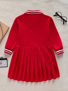 SHEIN Explorewe 年轻女孩字母条纹印花褶皱长袖连衣裙 - 紅色 - 查看 2
