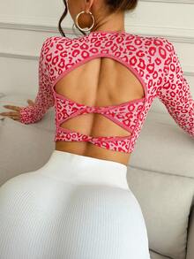 SHEIN Sports 红色性感露背长袖豹纹女式运动上衣，适合跑步、健身、锻炼 - 玫紅色 - 查看 5