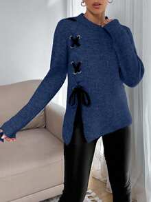SHEIN Tall Tall Casual Contrast Color Cross Cord Placement Rib Knit Sweater With Slit - Blue - View 6