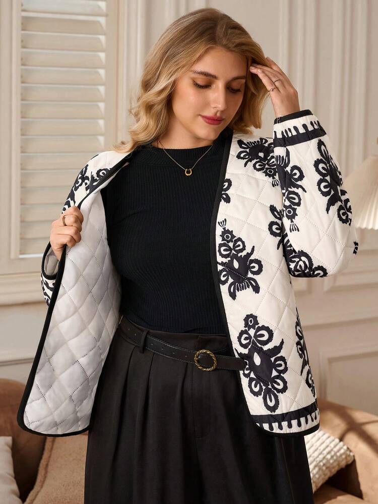 Plus Size Retro Printed Jacket, Black Jacket, Winter Coats For Going Out, Casual, Autumn/Winter,2025 New