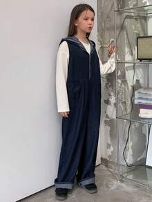 DAZY Tween Girls Casual Zipper Hooded Denim Jumpsuit - Blue - View 4