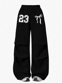 Sparklyn 女童蝴蝶数字印花休闲宽松褶皱羊毛运动裤，适合秋冬季校服