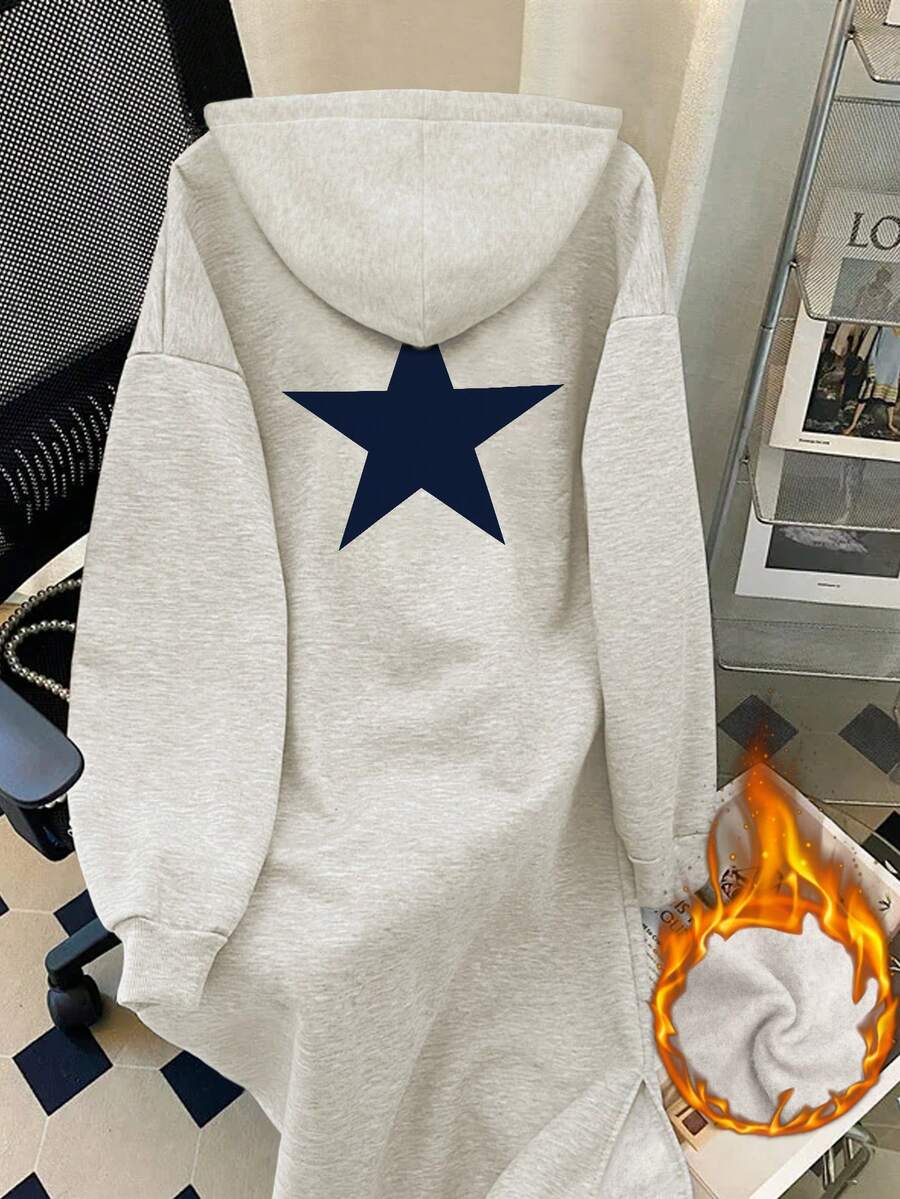 Resyla 女款 Drop Should 羊毛连帽连衣裙，带抽绳，五角星图案，长款运动衫